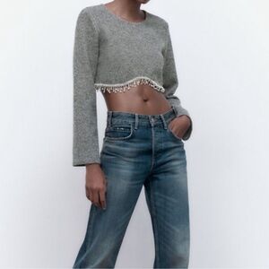 Zara Cropped Sweater with Rhinestone Fringe